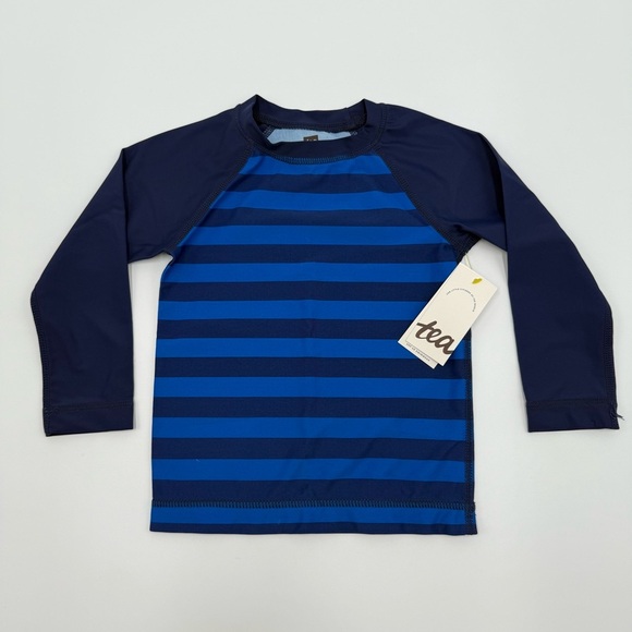 Tea Collection Boys Long Sleeve Rash Guard Navy and Blue Striped Rashguard 2 NWT - Picture 1 of 6